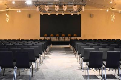 Classic theatre setup for corporate event inside The King Suite at Easthampstead Park in Berkshire