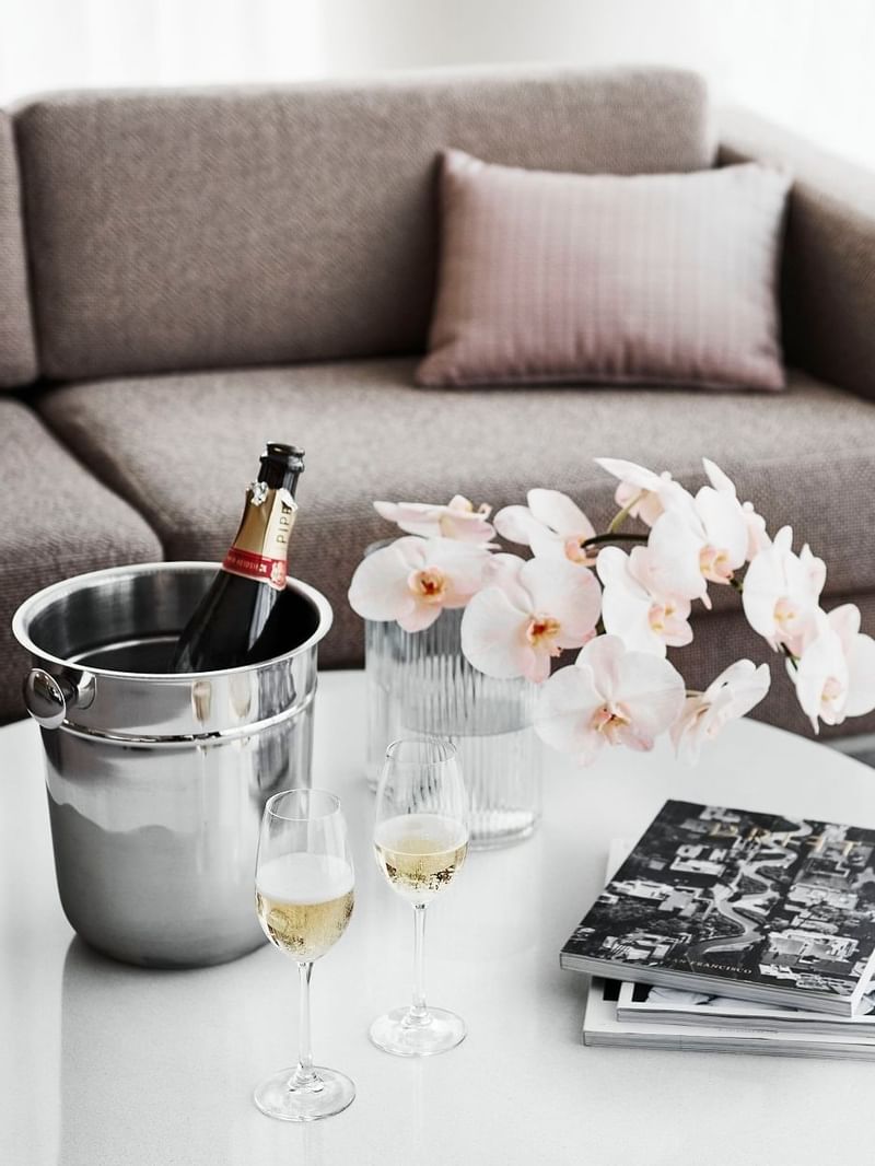 Champagne bottle & glasses in a room at Crown Hotel Melbourne