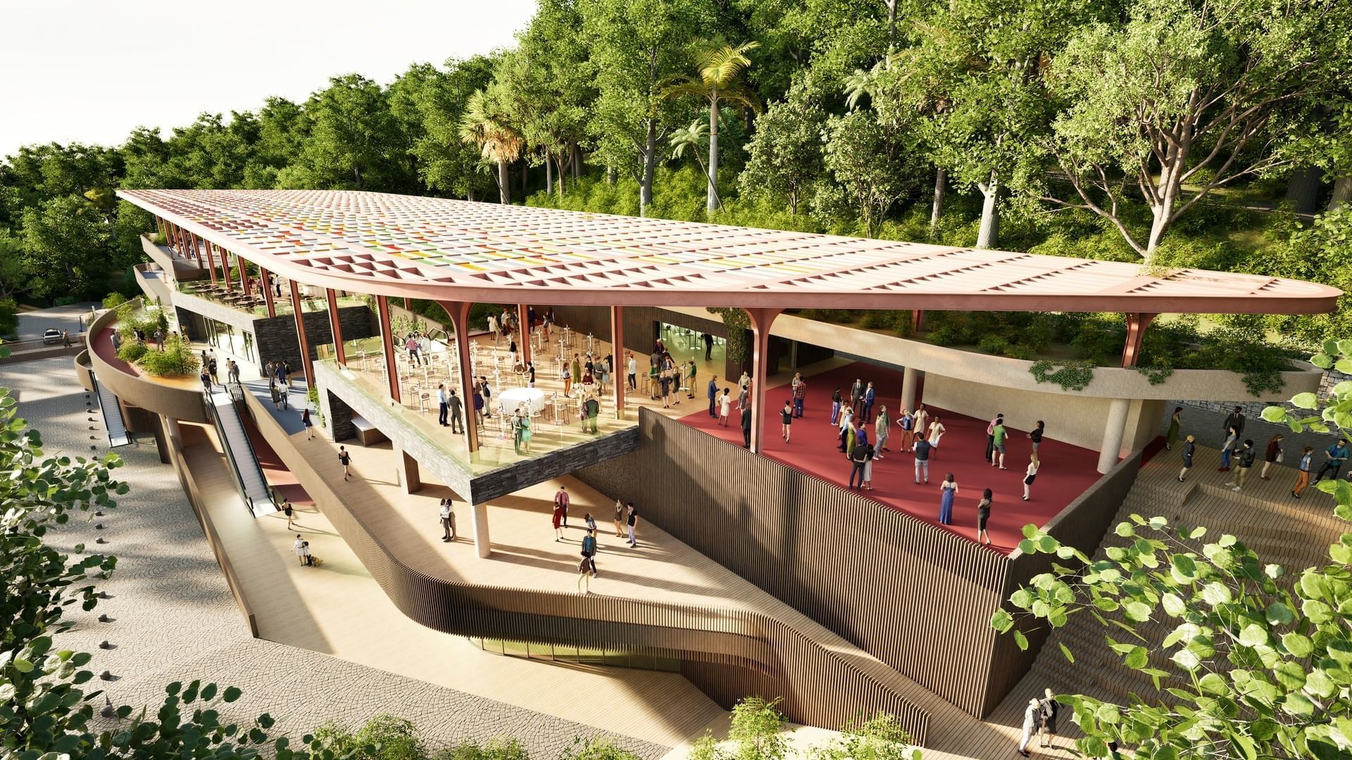 Elegant rooftop bar at A'ila Resorts, featuring a modern, colorful canopy and a spacious social area