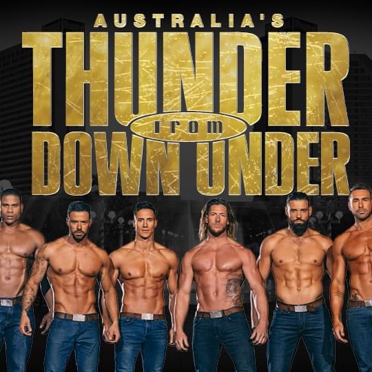 Thunder from Down Under Logo with six muscular guys