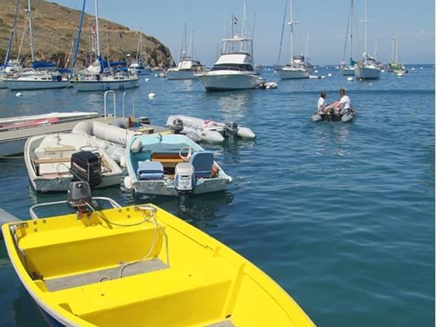 Several boats anchored in the two Harbors near Catalina Island Company