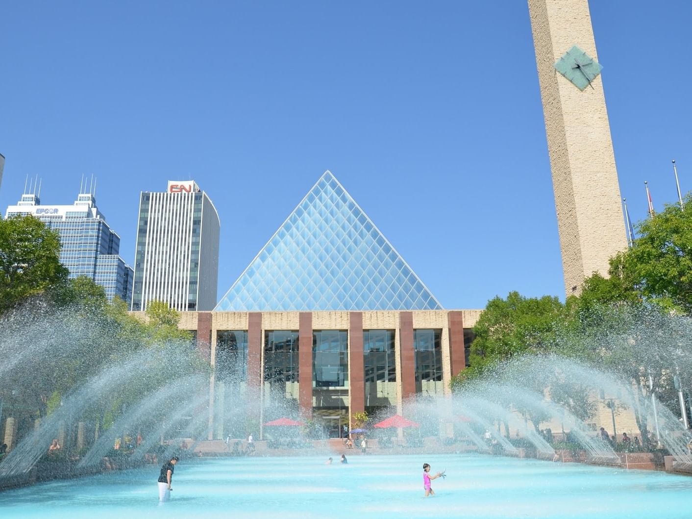 Distant view of Edmonton City Hall near the Matrix Hotel