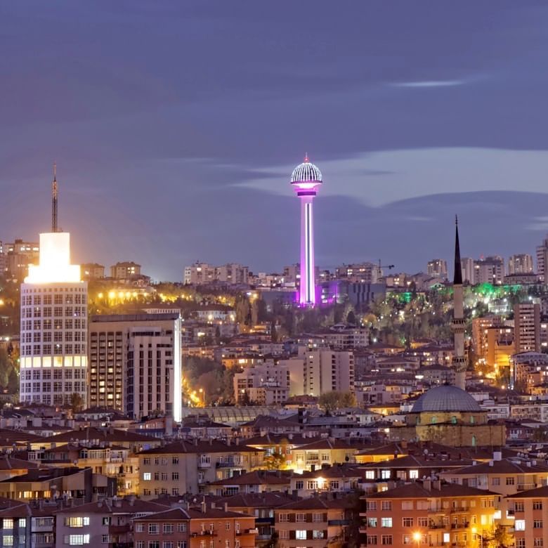 View of Ata Tower Ankara Turkey with night lights from Warwick Ankara