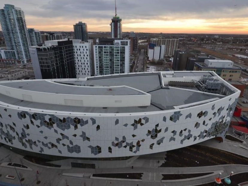 Aerial view of New Calgary Central Library near Clique Hotels