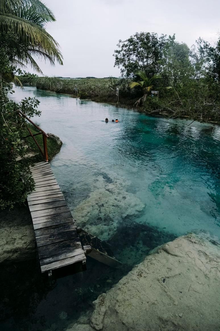Guests enjoy swimming in the stunning turquoise water of a natural spring Muyil Canal near the beautiful La Zebra Hotel