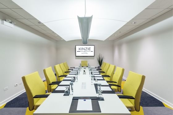 Close-up of Meeting Room's conference table at Kinzie Hotel