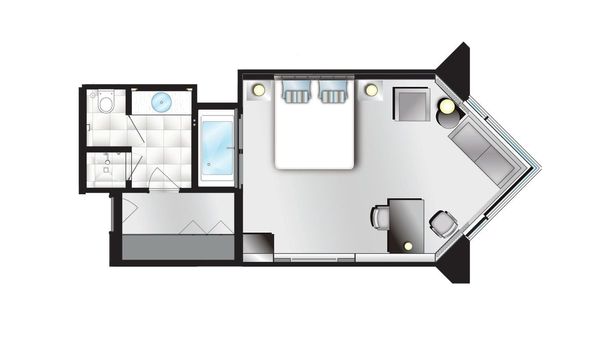 Top-down view Luxe King floor plan used at Crown Hotels