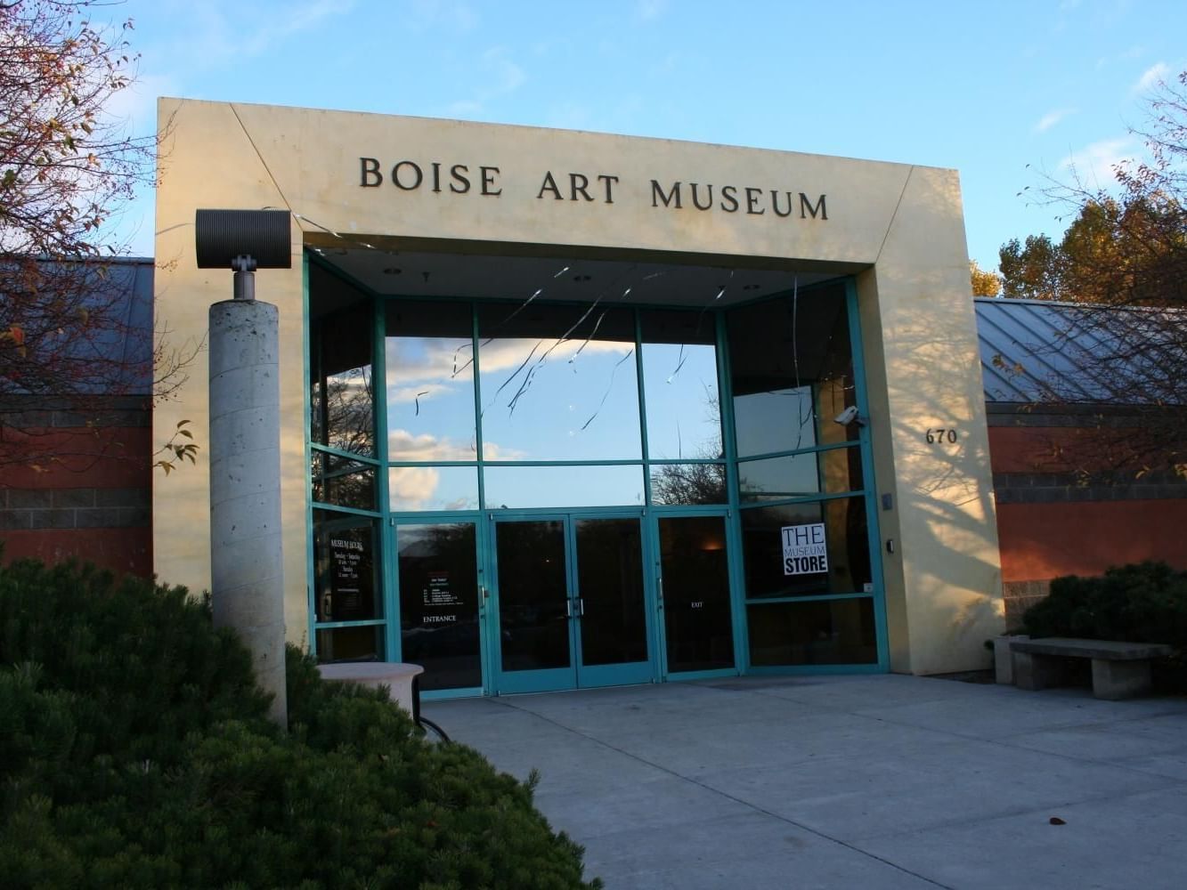 The modern entrance of the Boise Art Museum texted the name with over the door on a lovely sunny day near Hotel 43 Boise