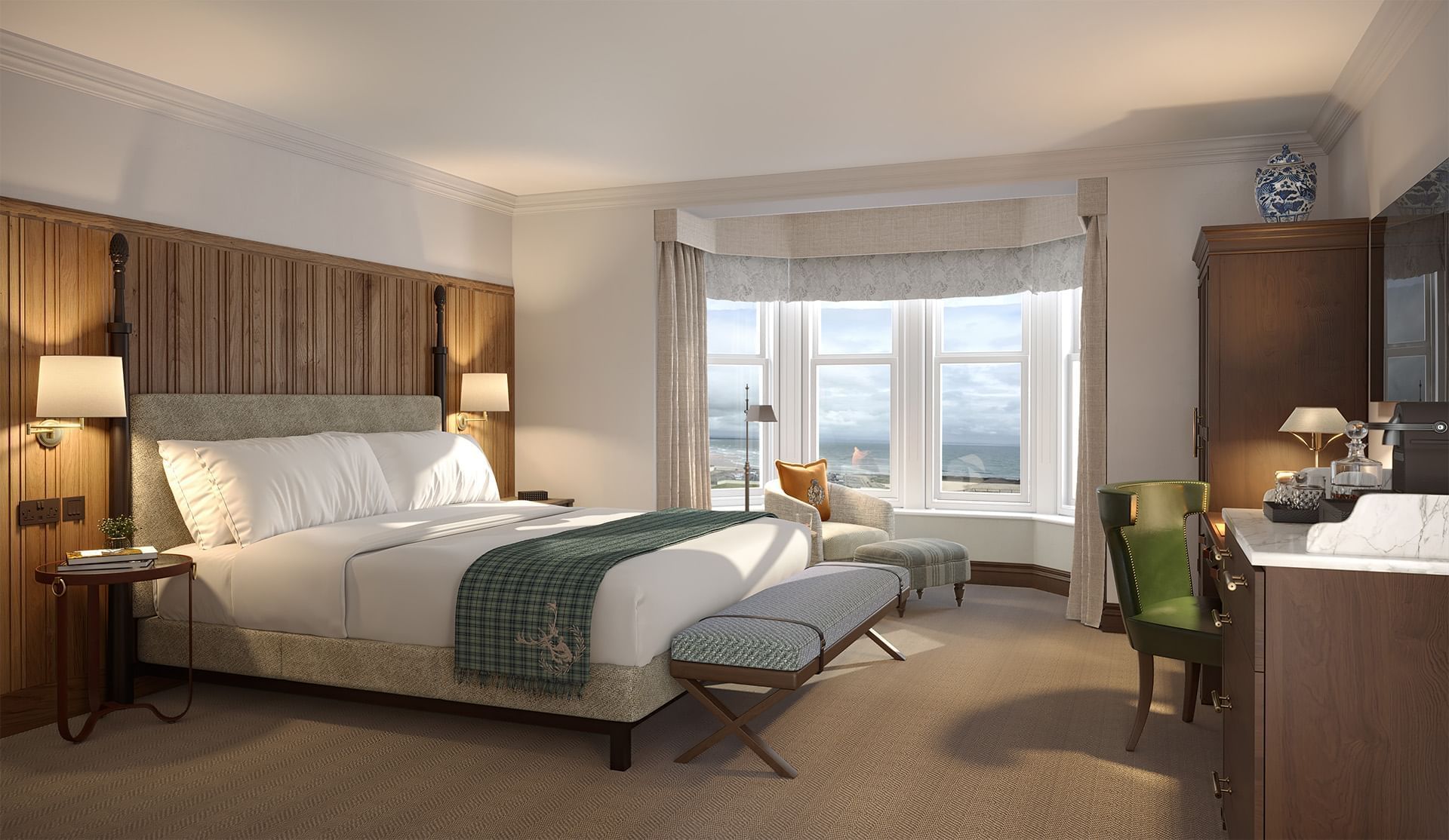 Bed with nightstand and workspace in Signature Accessible at 5-Star Hotels St Andrews Scotland