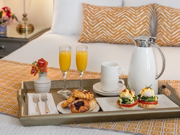 Close-up of breakfast served in-room at Warwick Melrose Dallas