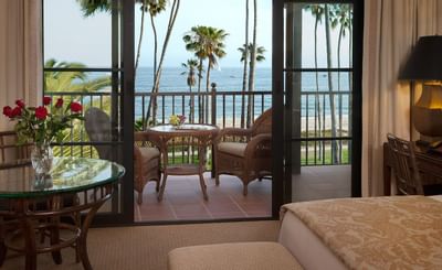 Balcony terrace in Ocean View king bedroom at Santa Barbara Inn