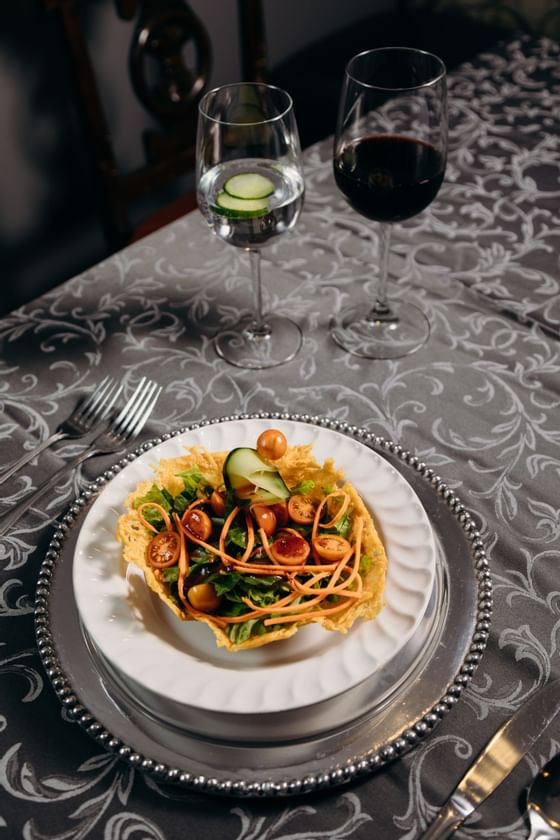 Close-up of pasta served with wine & Gin at Araiza San Luis