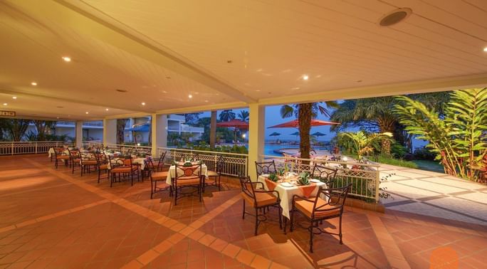 Outdoor dining area in Lake view Bar at Lake Kivu Serena Hotel