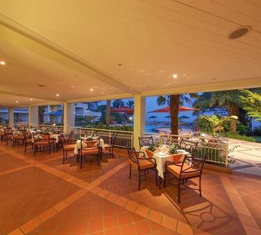 Outdoor dining area in Lake view Bar at Lake Kivu Serena Hotel