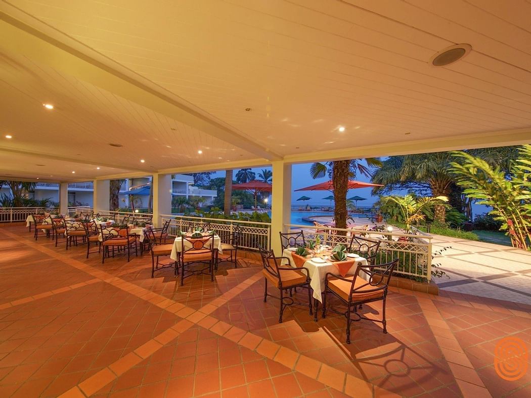 Outdoor dining area in Lake view Bar at Lake Kivu Serena Hotel