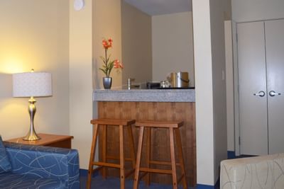 Close up on the mini bar in a room at UMass Lowell Inn