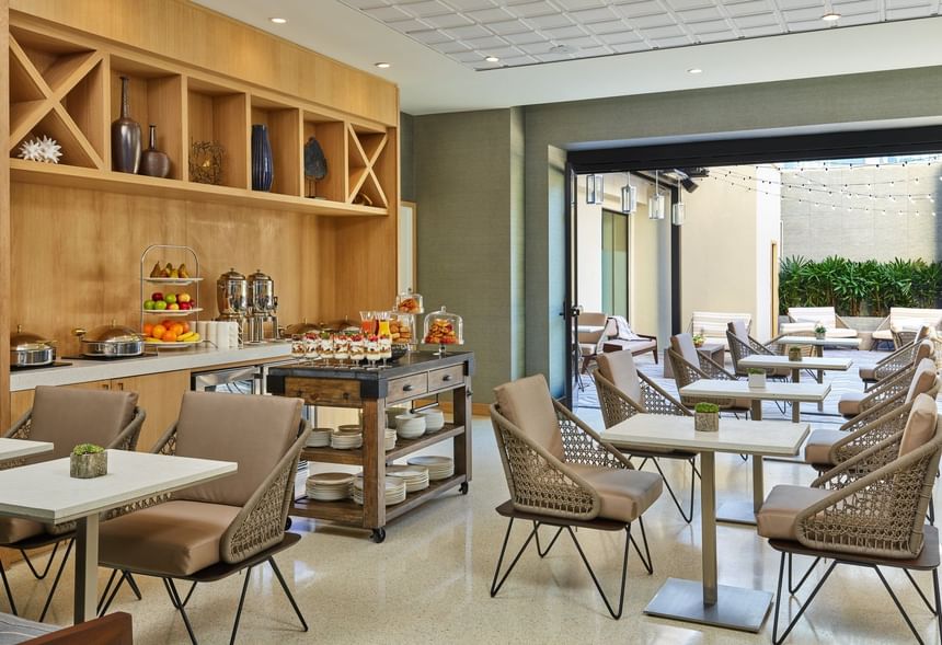 Refreshments corner by the tables arranged in Veranda & deck at Hotel Republic San Diego