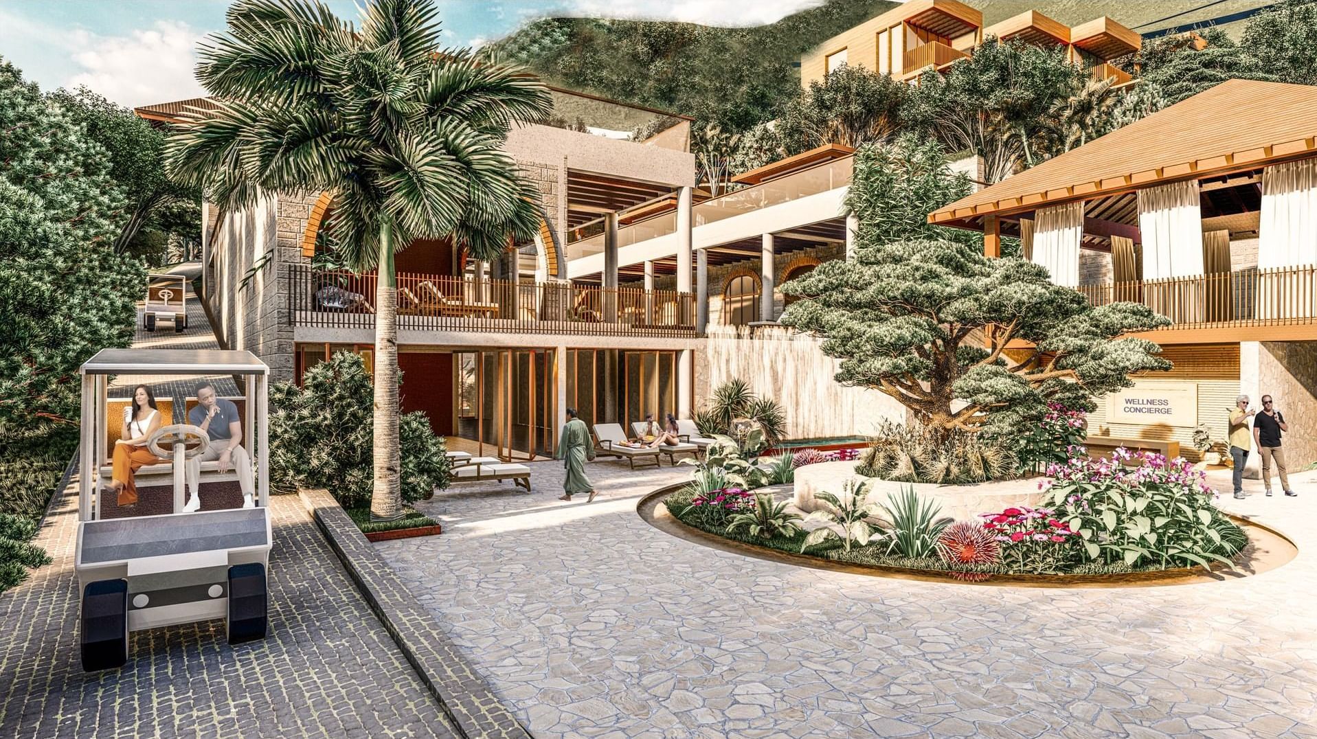 Elegant courtyard at A'ila Resorts, with a golf cart, a waterfall, and a wellness concierge building