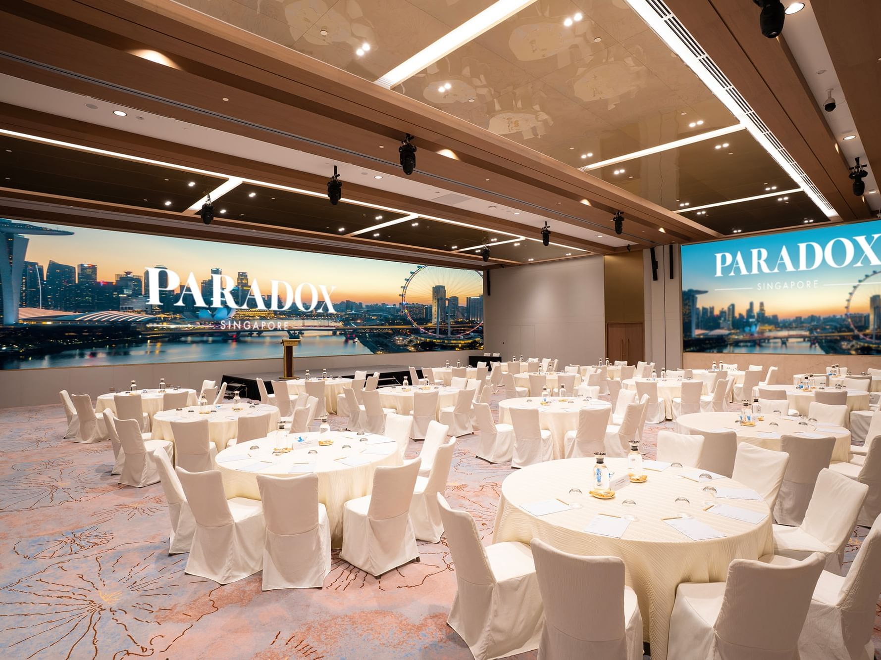 Corporate banquet setup in the ballroom at Paradox Singapore.