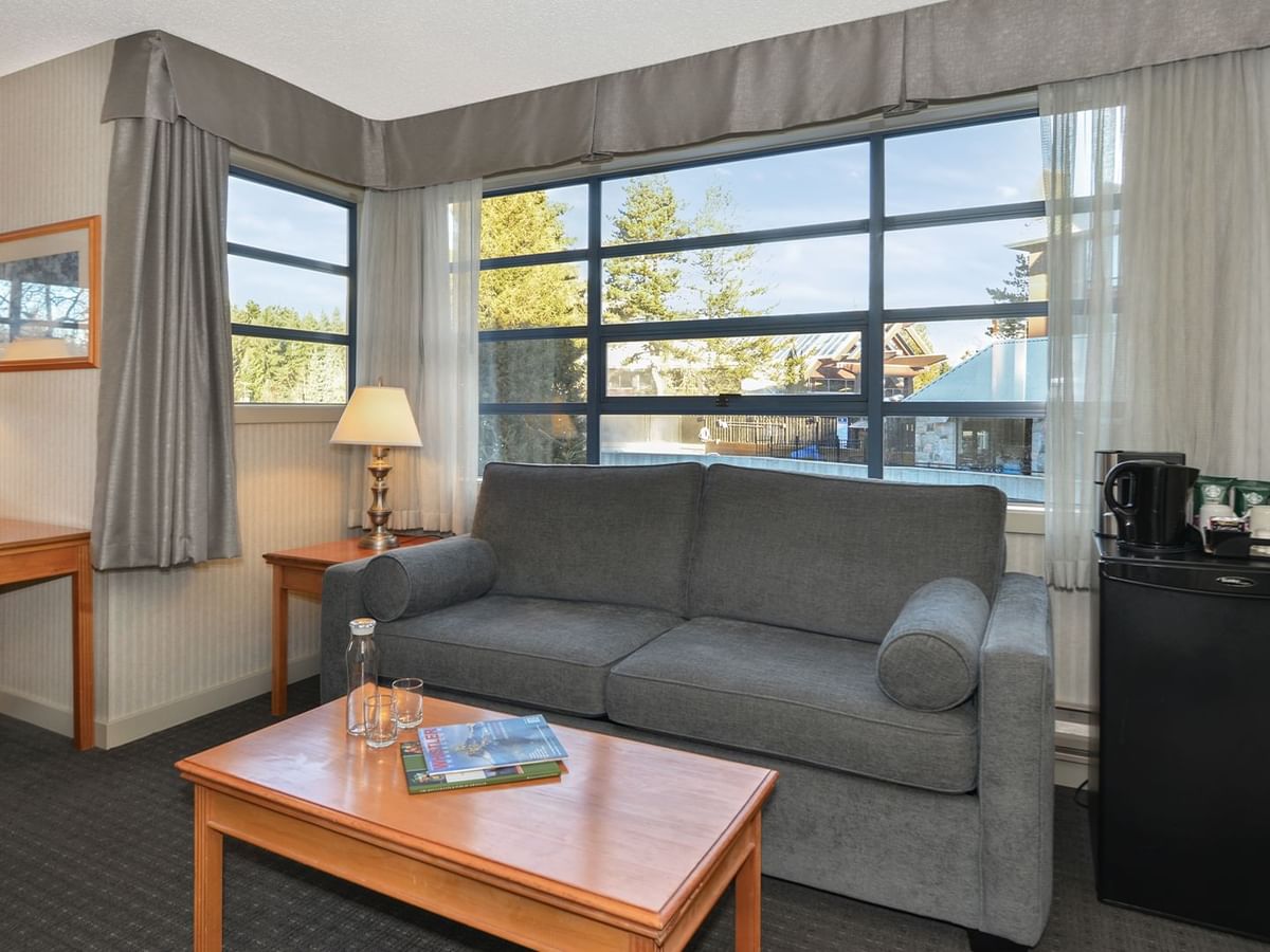 Hotel Junior Suite with sofa bed, coffee table, mini fridge and large windows.