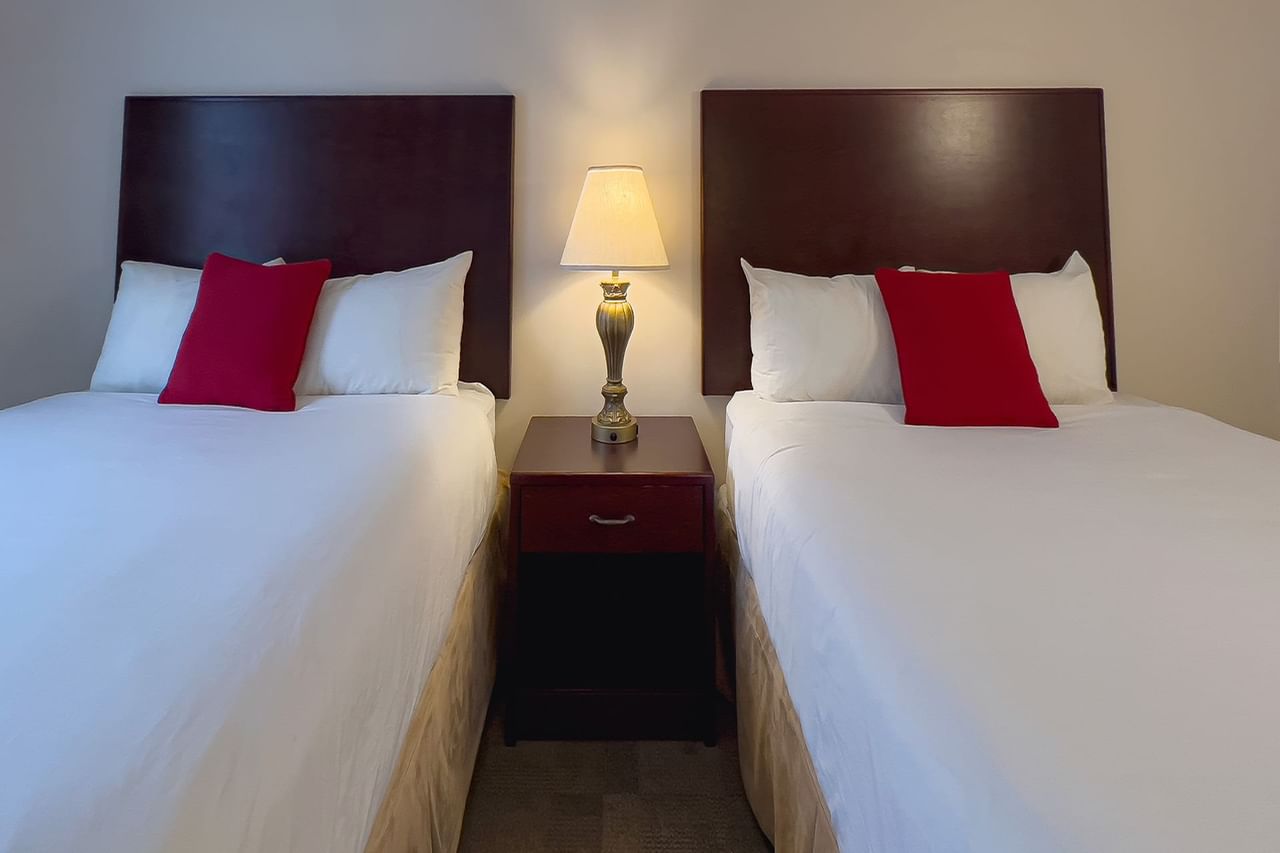 Guest room with two beds, lamp