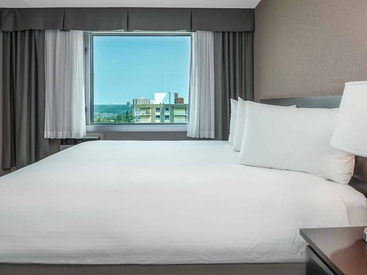 Hotel guest suite with a queen bed, bedside lamp and large window with a city view.