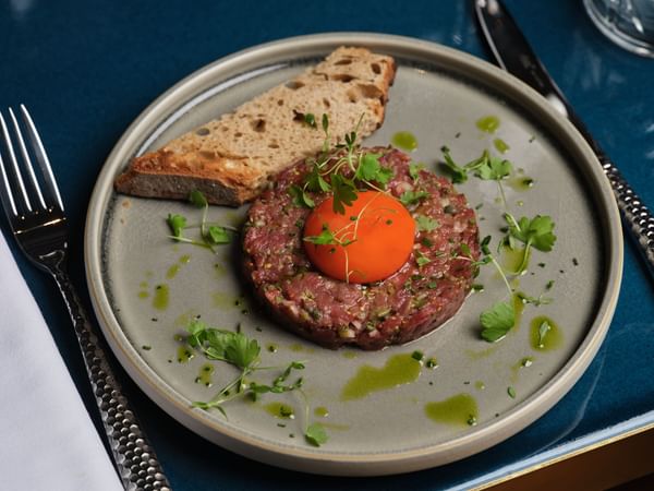 Close-up of Steak Tartare dish served in the Restaurant at The Capital Hotel London