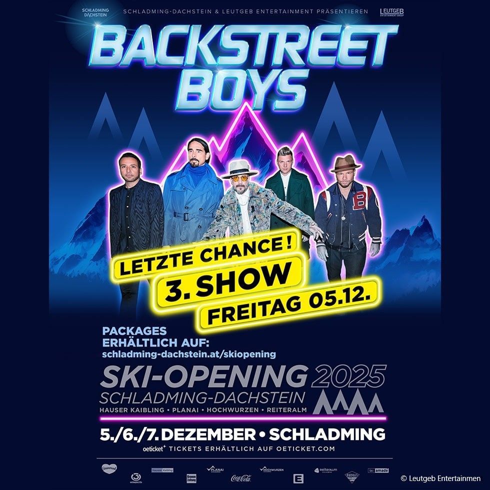 Plakat für die Backstreet Boys Show, mit Datum, Veranstaltungsort und Ticketinformationen.