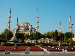 Wide shot of the Blue Mosque near Eresin Hotels Express