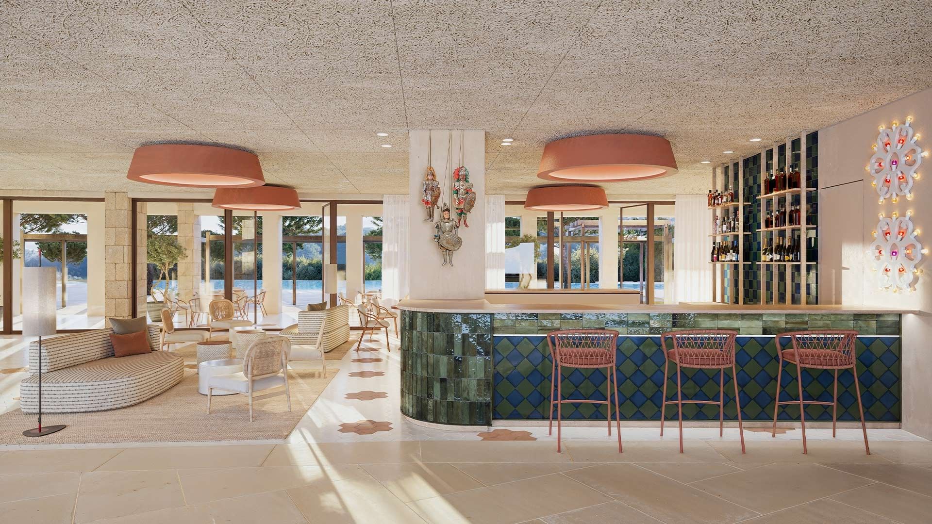 A lounge area with cushioned seating, a bar counter with blue and green tiles, and three stools.