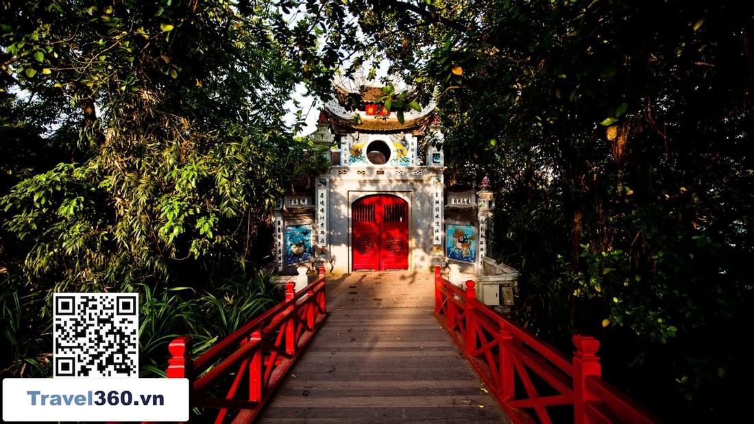 Wooden bridge with a red in railing Ngoc Son Temple near Sunway Hotel Hanoi