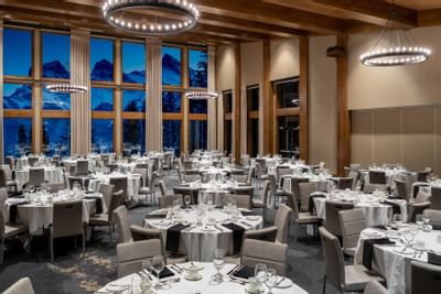Banquet setup in a ballroom at The Malcolm Hotel
