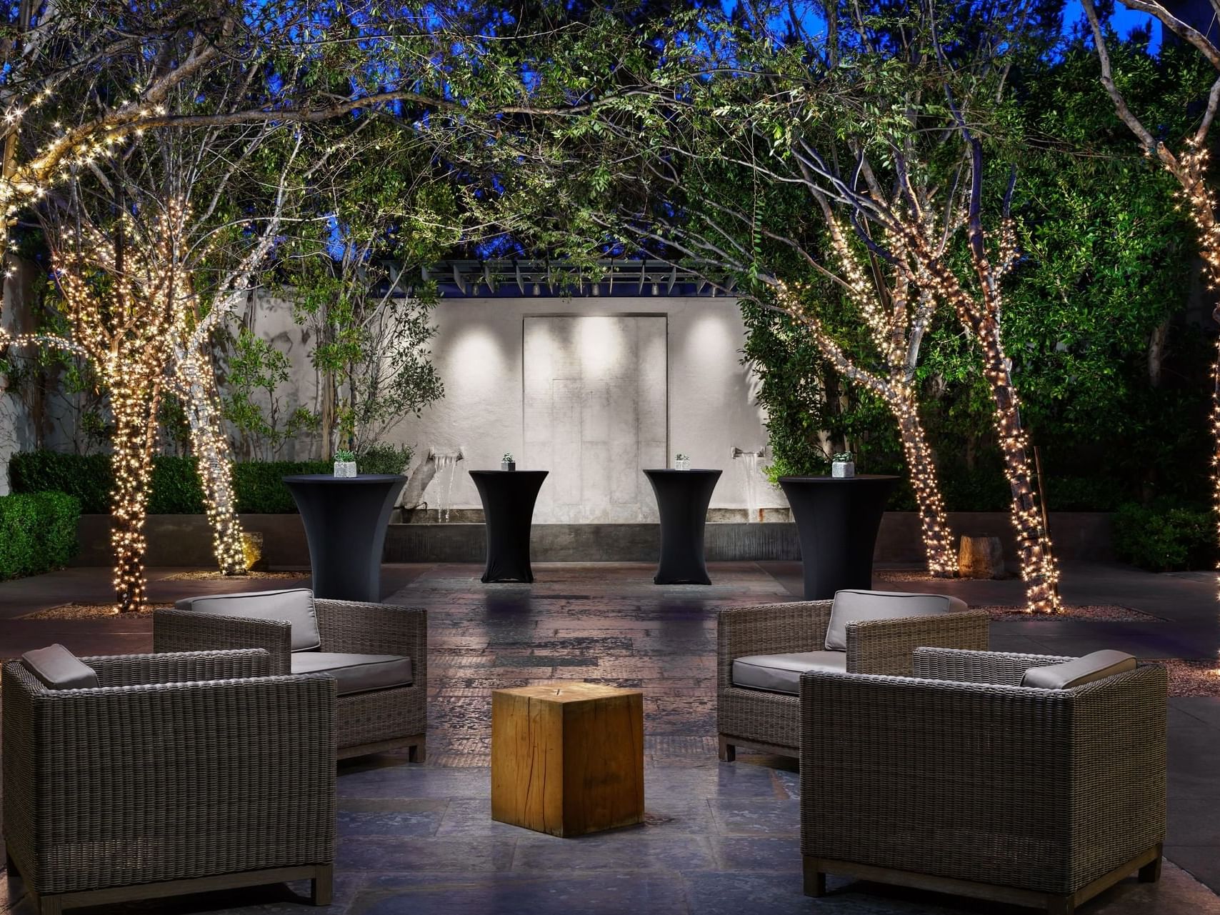 Comfy lounger chair set-up on Luxe Terrace at Luxe Sunset Boulevard Hotel