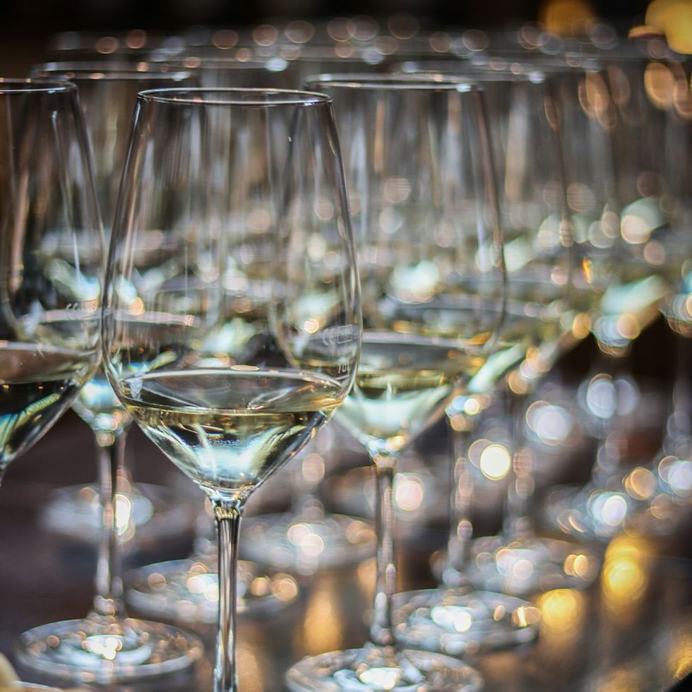 File di calici di vino bianco su una superficie con luci sfocate sullo sfondo.