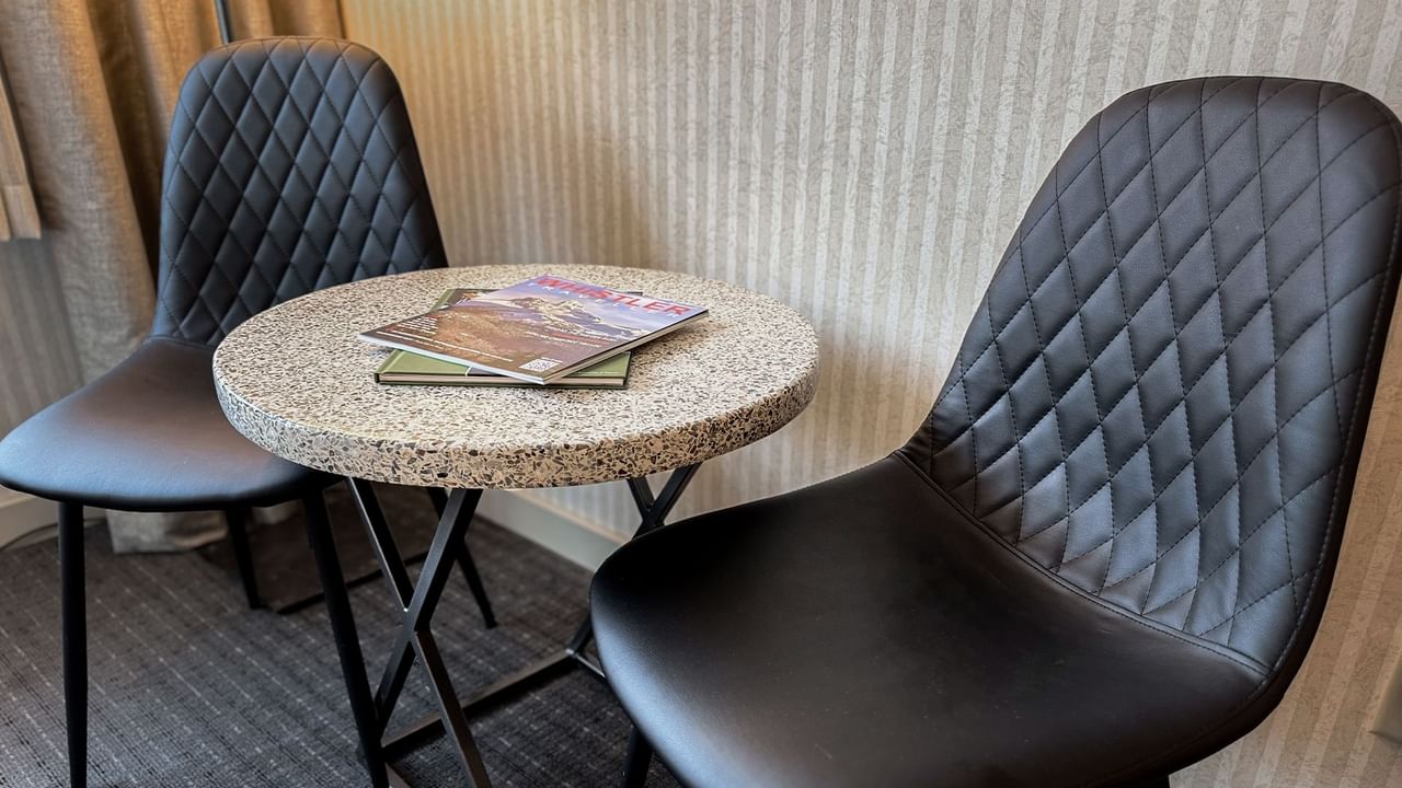 Chairs, table, and magazine.
