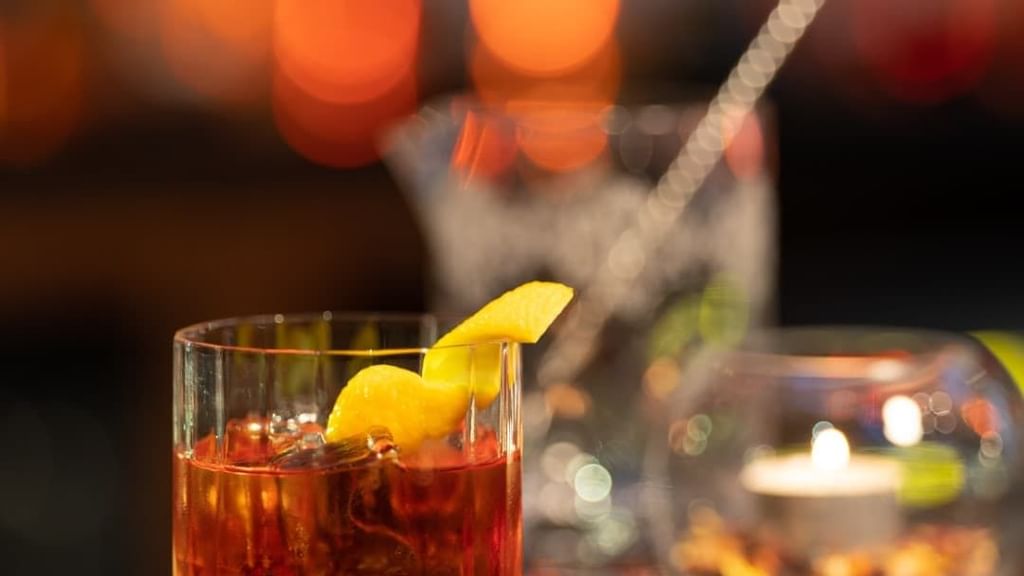 Close-up of a cocktail served in Equus Bar