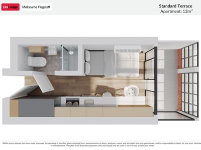 UniLodge Melbourne Flagstaff's standard terrace apartment floor plan layout showing all the rooms and spaces.