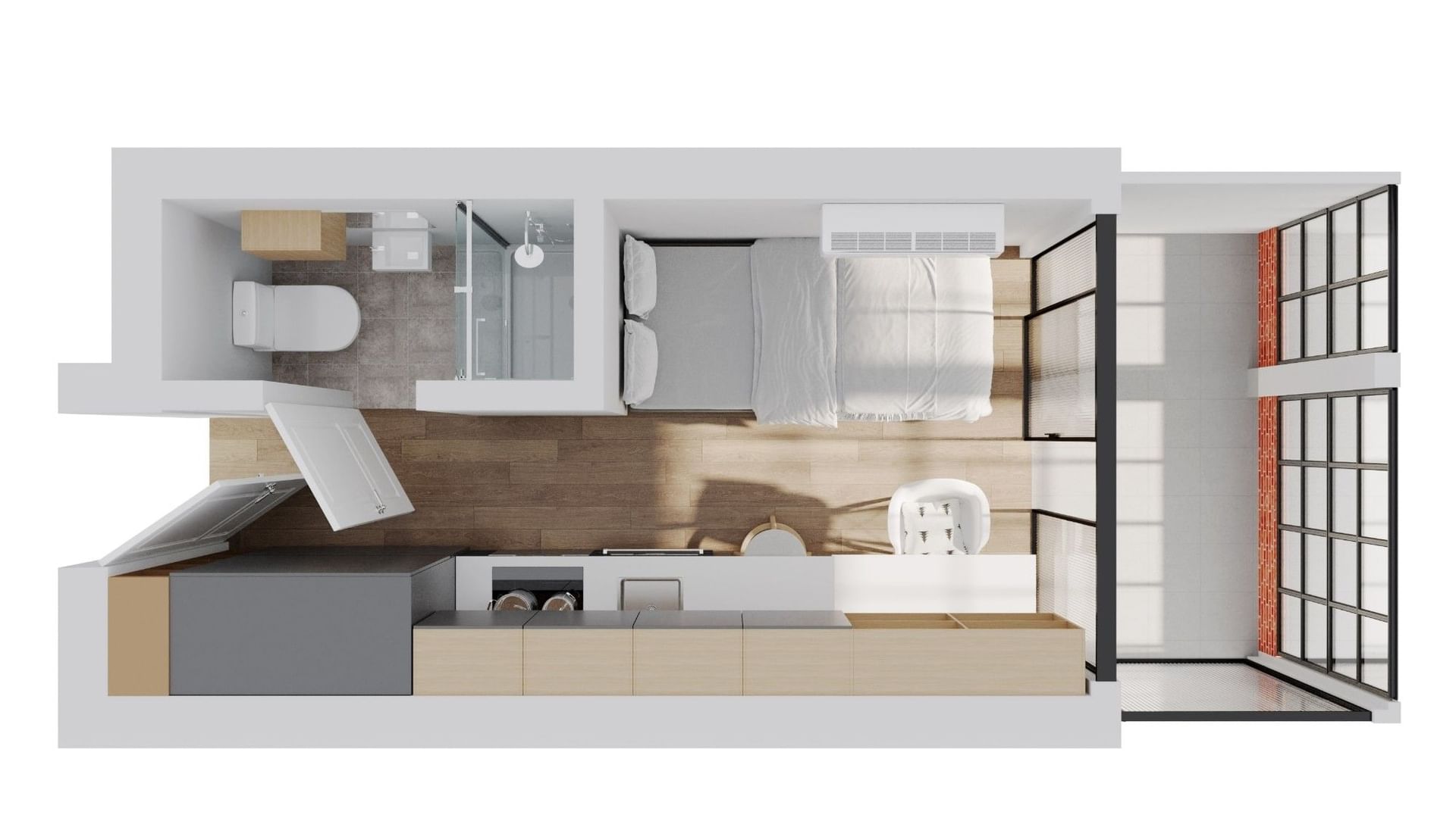 UniLodge Melbourne Flagstaff's standard terrace apartment floor plan layout showing all the rooms and spaces.
