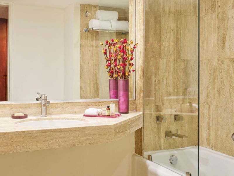 Bathroom with vanity & bathtub in Deluxe Room, 2 Double at Fiesta Americana