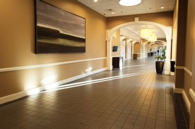 hallway with paintings and plants