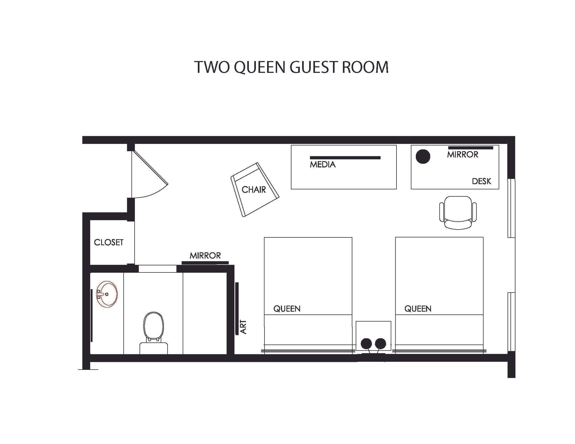 A black and white floor plan of a hotel room
