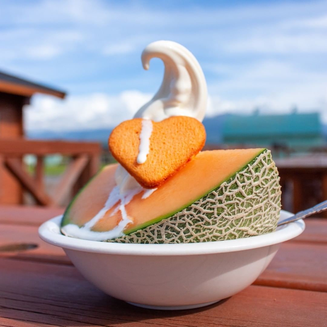 Yubari King melon served with soft serve ice cream on a table at Grand Park Otaru