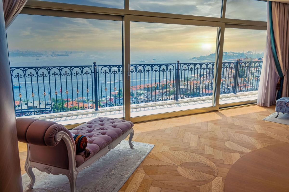 Cozy bench in Presidential Suite overlooking the city & sea at CVK Park Bosphorus Hotel Istanbul