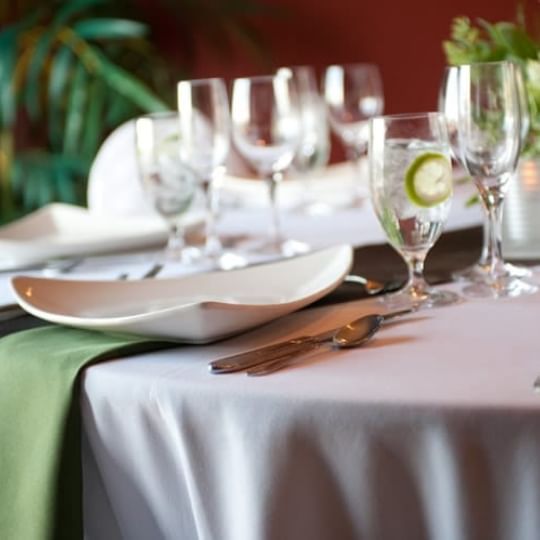 Close up on table utensils in the ballroom at Chase on The Lake