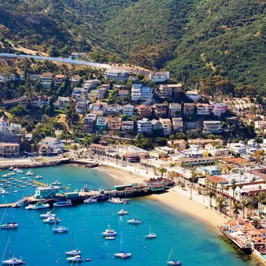 Aerial view of a coastal bay with boats and buildings near Catalina Island Company