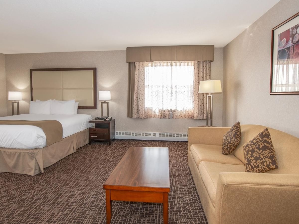 Hotel room with a bed, couch, coffee table, window, and framed artwork.