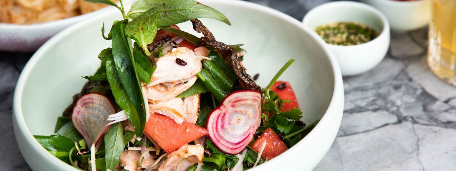 Close-up of a salad dish in Ging Thai at Crown Hotel Melbourne
