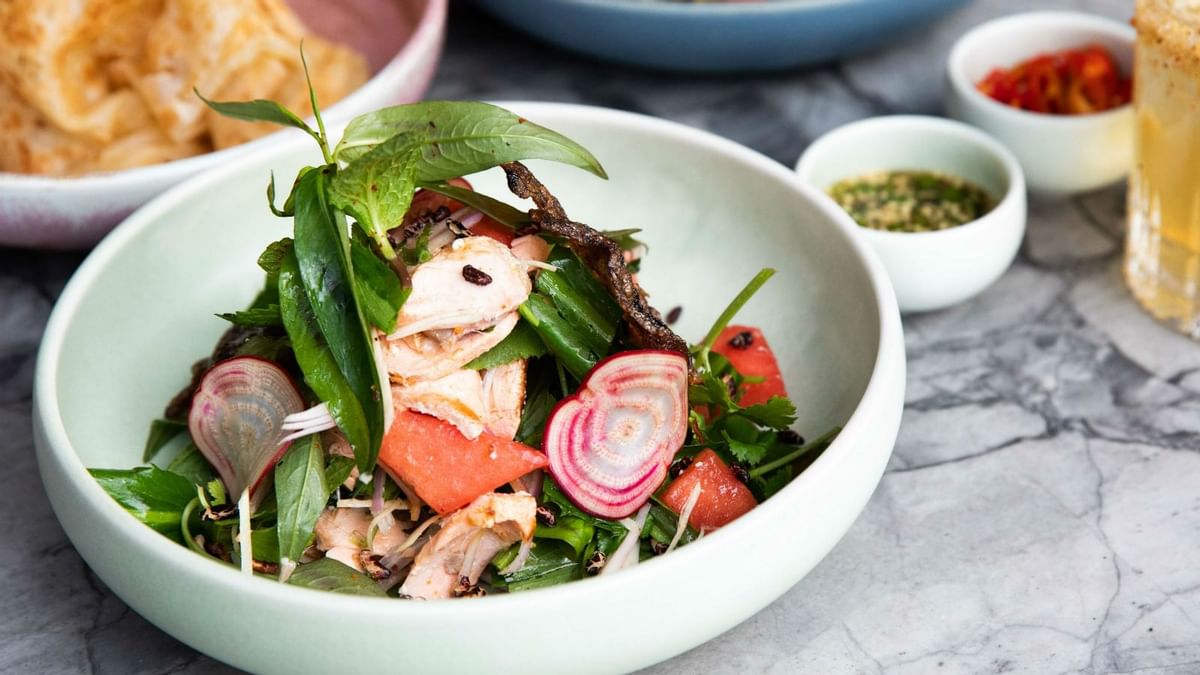 Close-up of a salad dish in Ging Thai at Crown Hotel Melbourne