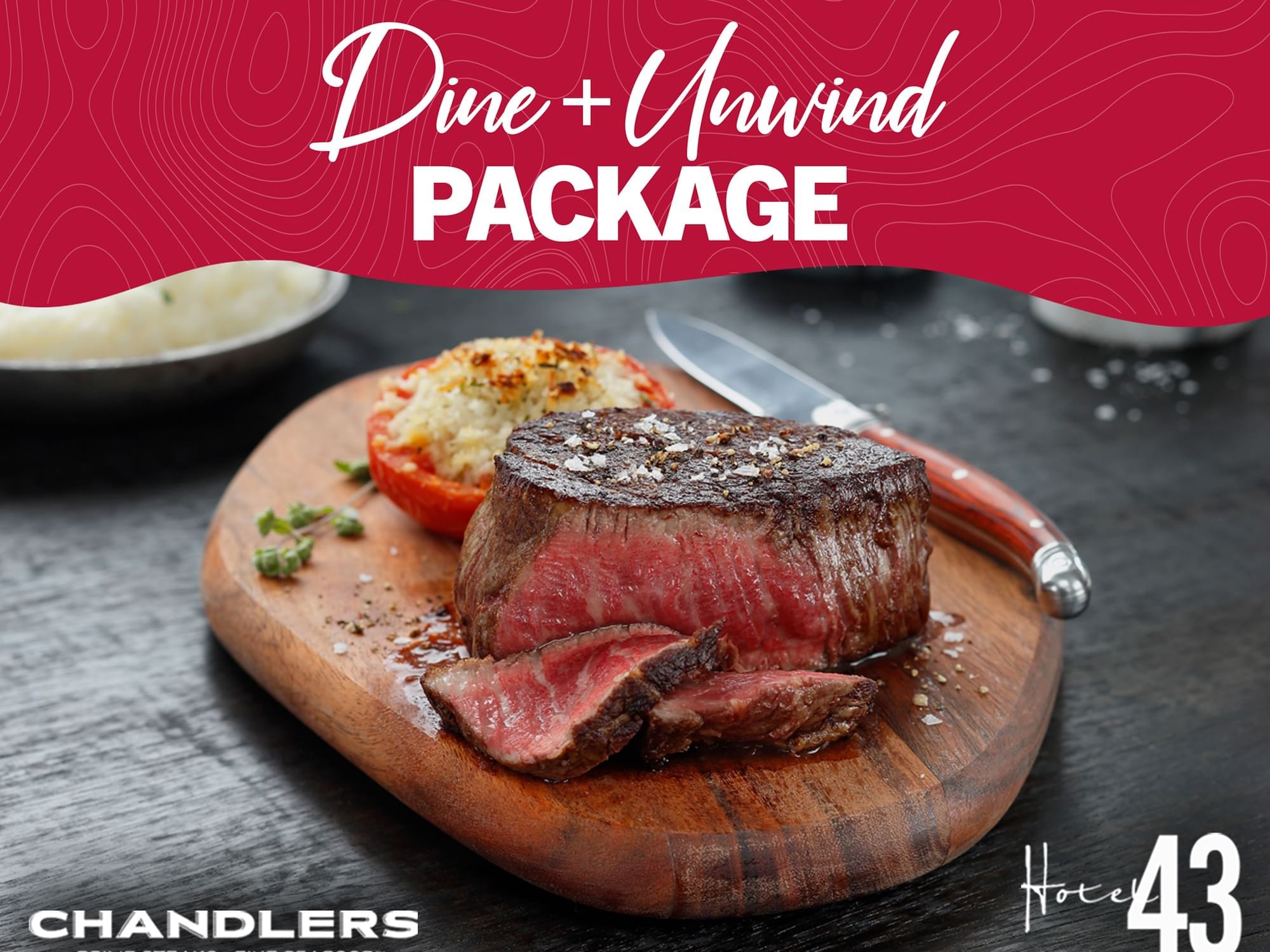 Dine Unwind Package poster featuring fish dish used by Hotel 43