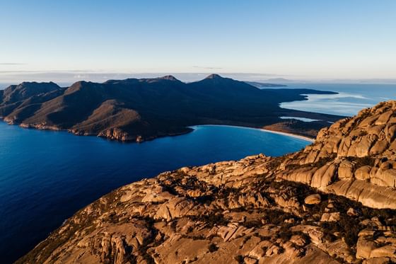 Hazards mountain range with the Bay near Freycinet Lodge
